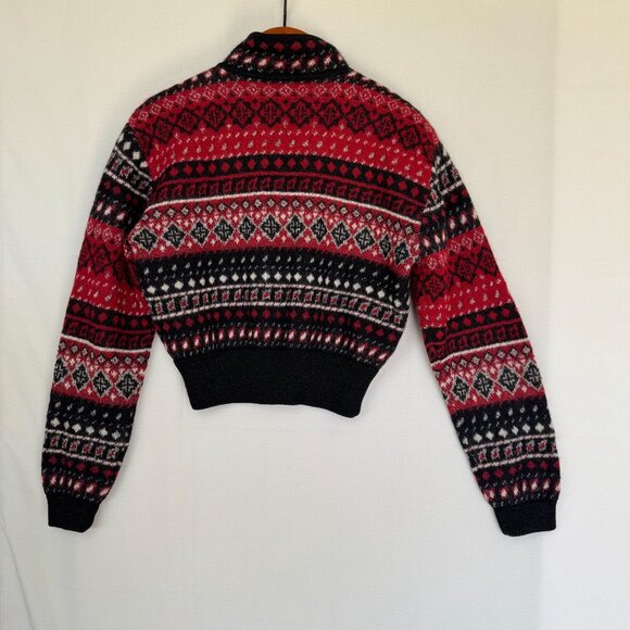 90s Vintage Dana Buchman Wool Mohair Blend Black Red Nordic Crop Cardigan Size M - Picture 7 of 15